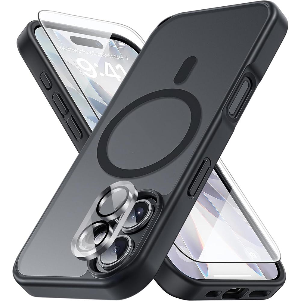 

Матовый магнитный чехол для Magsafe Mag Safe iPhone 17 Air 17E 16E 16 Pro Max 15 Plus 14 13 12 17Pro Защитное стекло для экрана Защита объектива камеры Чехол для телефона iphone 17 pro max чёрный