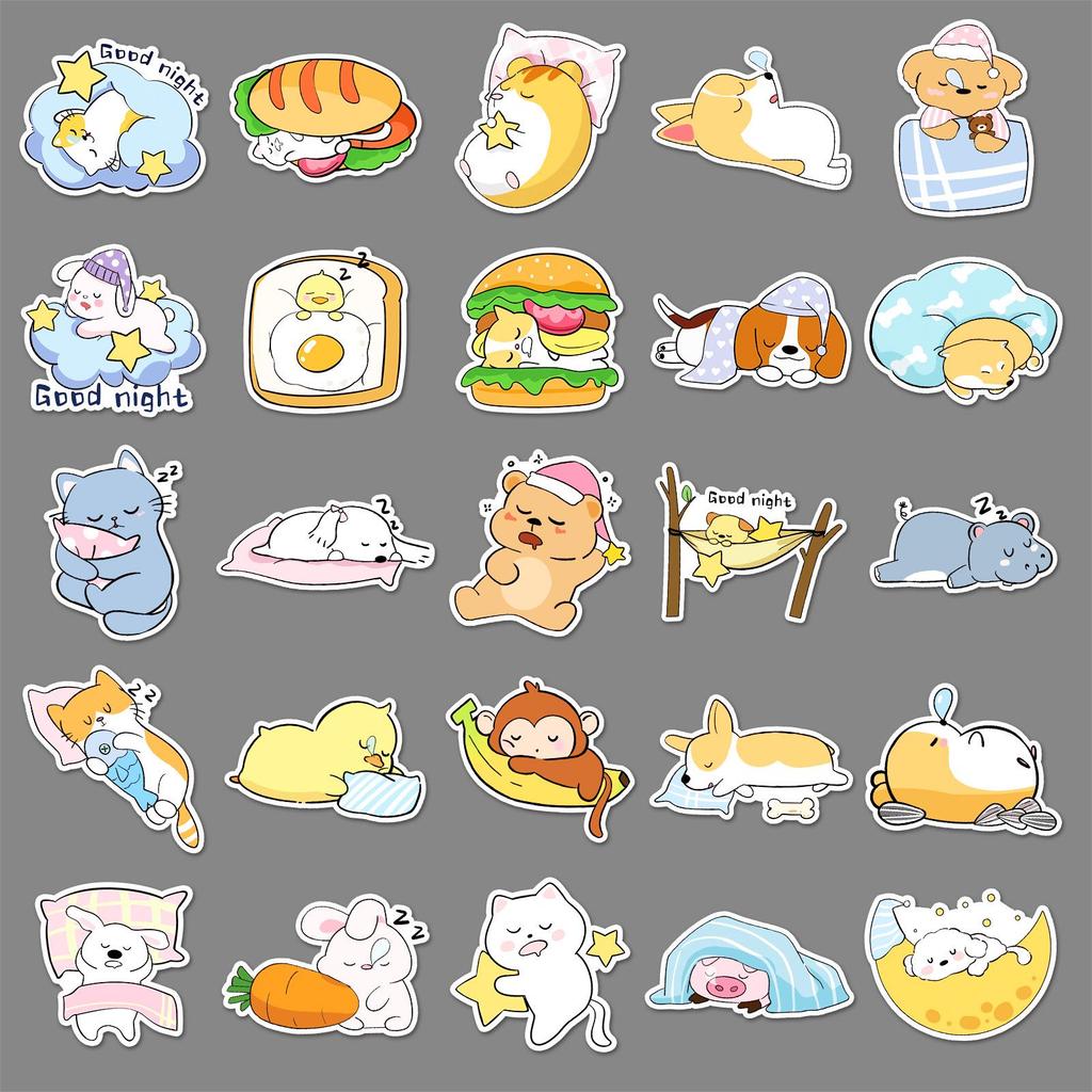 50 Waterproof Hand-Painted Good Night World Stickers: Cute Pet Designs for Fridge, Water Bottle, Journal, Computer, and More