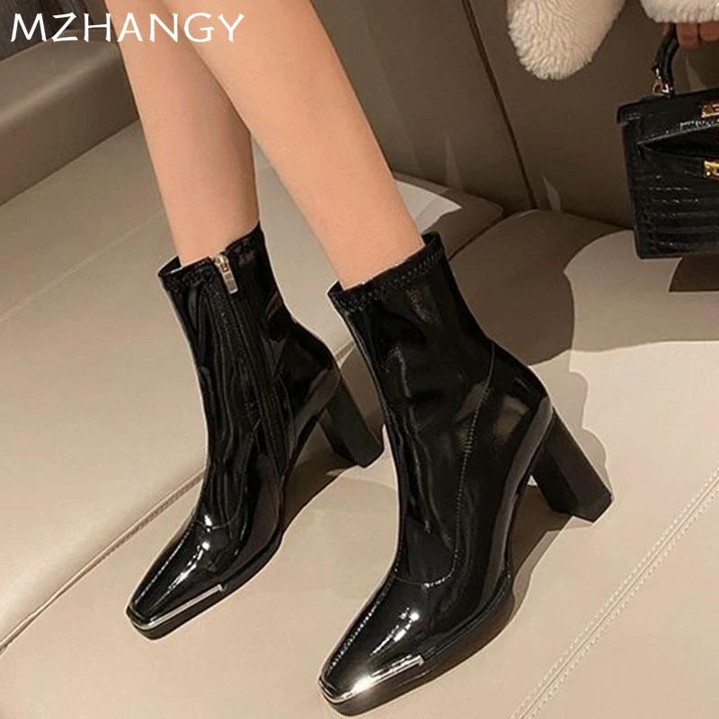 Women Leather Square Toe Ankle Boots Elegant High Heels Shoes Woman 2025 Trend Winter New Pumps Motorcycle Boots Mujer Botas