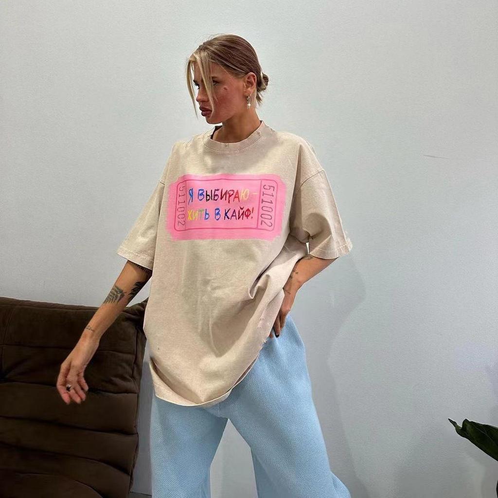 Women's Korean Retro Cotton Loose Short-Sleeve T-Shirt with Letter Print - Casual Versatile Style