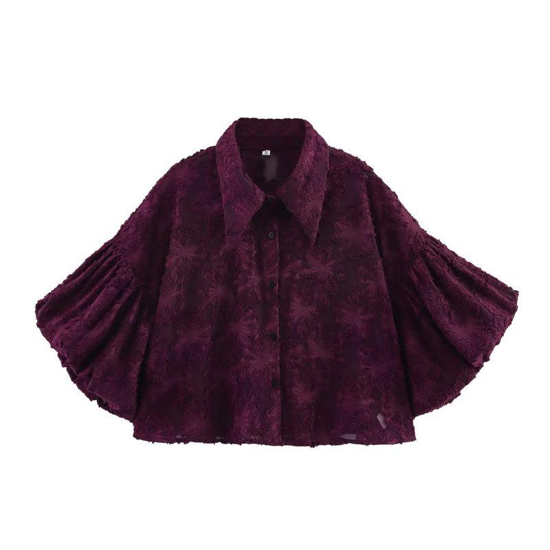 Kaslead New Arrival Women's Clothing Fashion Style Fashion Elegant Texture Cut Flower Lapel Puff Sleeve Shirt