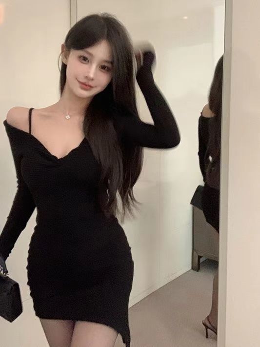 Spice girl long-sleeved new autumn and winter dress black backing irregular waist short skirt slim and thin