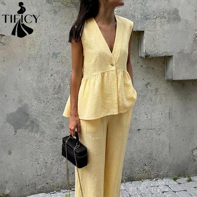 Kadın Moda Günlük Yaz Bahar Düz Renk Baskılı Kolsuz V Yaka Pantolon Takımları