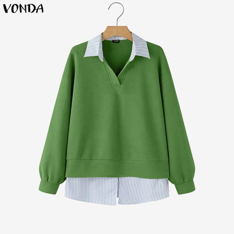 

ZANZEA Women Casual Lapel Neck Long Sleeve Patchwork Striped Blouse Tops 2XL зелений