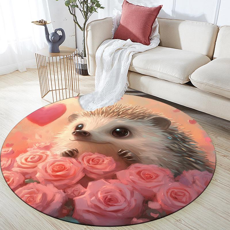 Rose and Hedgehog Pattern Round rug,Carpet Rug for Living Room Bedroom Playroom ,Non-slip Floor Mat,Holiday Gifts and Birthday Gifts.