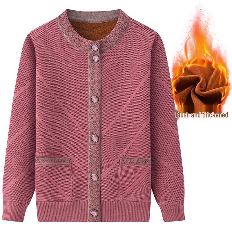 Damen Plus Samt Strickjacke - Verdickte Frühling & Herbst Jacke für Mittelalte und Ältere