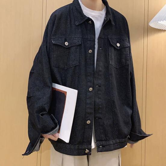 Men Denim Coat Lapel Long Sleeve Flap Pockets Single Breasted Jacket with Flap Pockets Solid Color Loose Fit Denim Outerwear