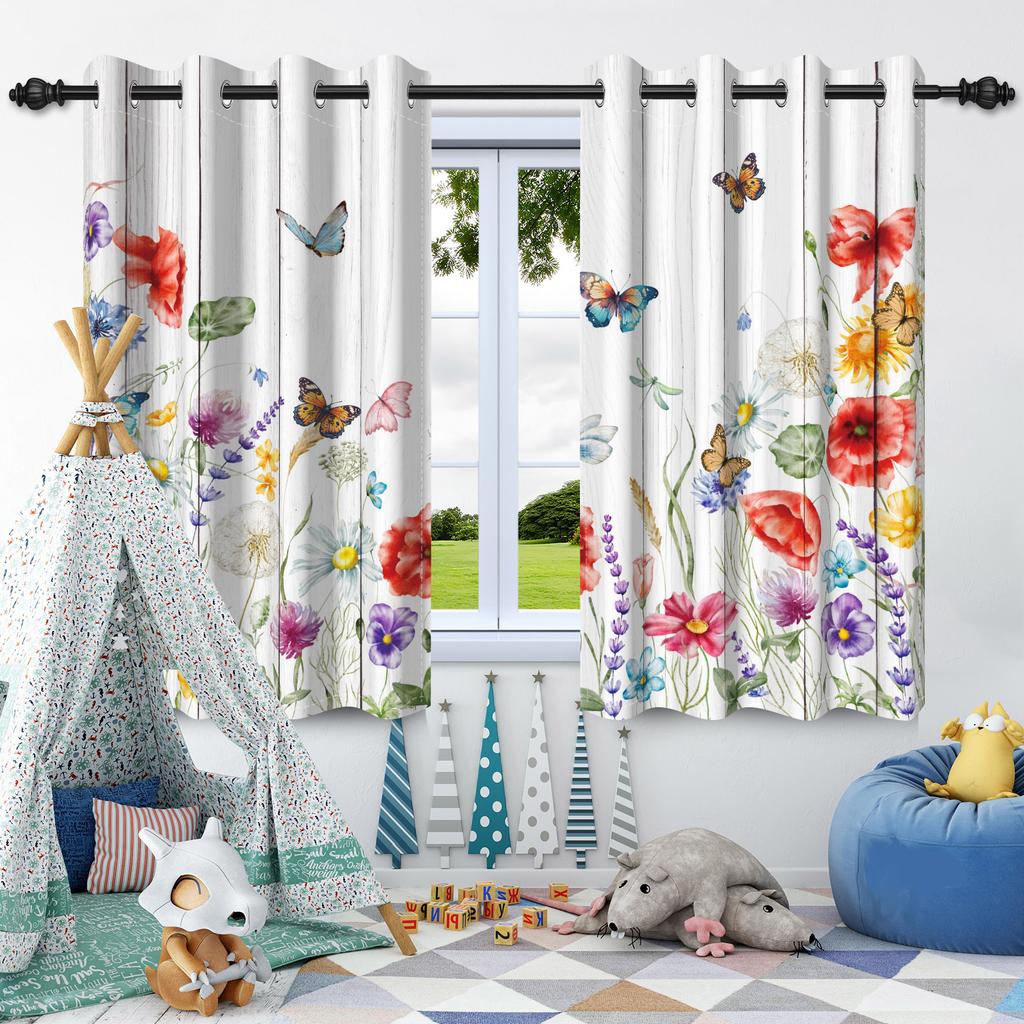 Butterfly Flowers Plants Blackout Curtain for Bedroom Living Room Cafe Apartment Window Kid's Room Hanging Drapes Polyester 2Pcs