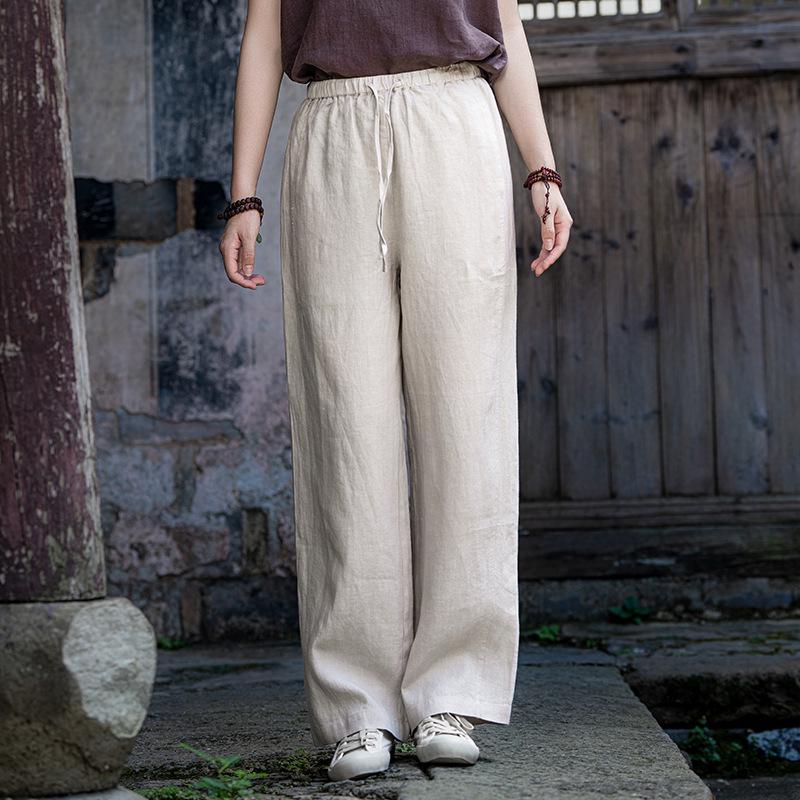 2026 Spring/Summer Women s Retro Artistic Slimming Linen Straight Leg Pants M