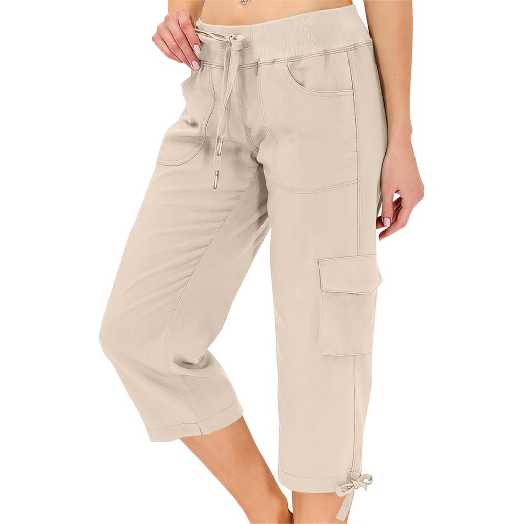 Women’s Loose Fit High Waist Elastic Waistband Lightweight Hiking Pants with Dual Pockets and Drawstring Capri Length for Outdoor Activities