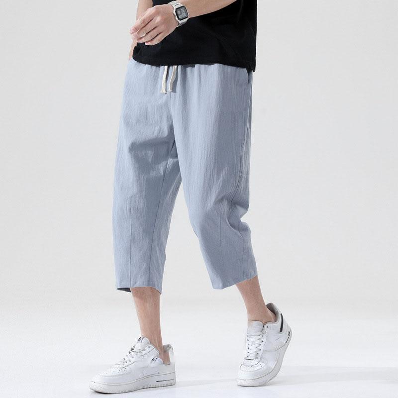 Calças casuais de verão masculinas, calças soltas de linho e algodão selvagem, estilo coreano, tendência, calças retas de nove pontos