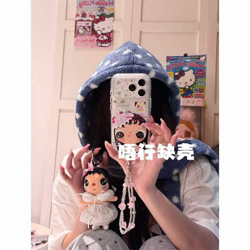 Cute birthday cake pearl chain small jade round edge double layer Apple 17promax/16/15 anti-drop mobile phone case 14