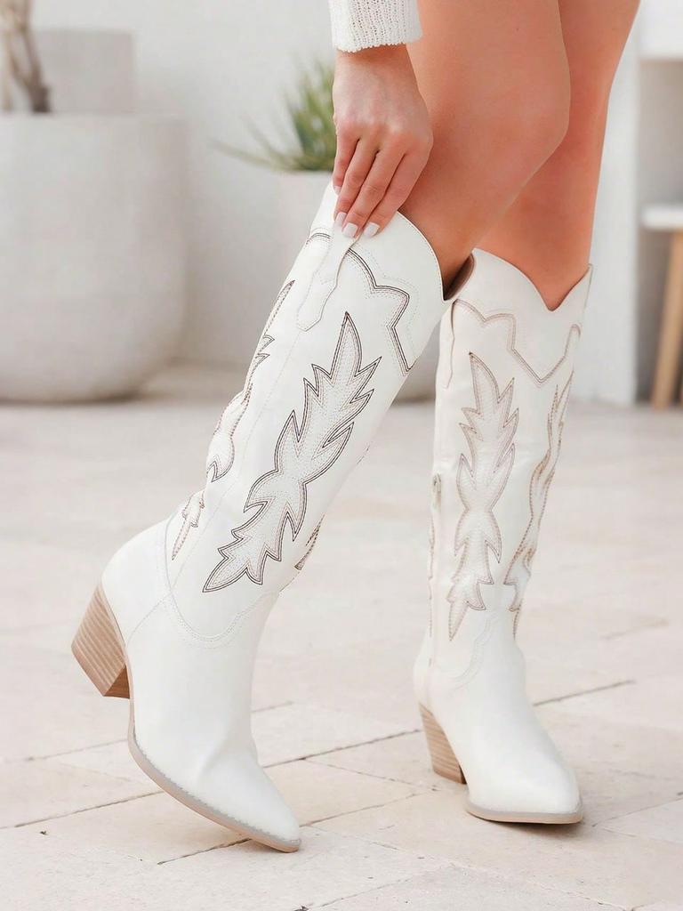 Embroidered Women's Western Knee High Boots Cowboy Retro Chunky Block Heeled Side Zip Vintage Cowgirl Boots For Women Shoes