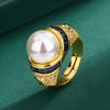 Hua Youmei Gold Plated Luxury Pearl Finger Ring Enamel Zircon Tahitian Grey