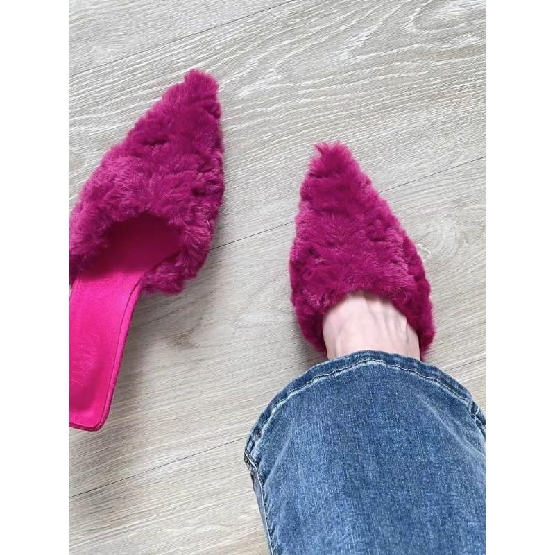 Fashion New Slippers Casual Shoes Woman Pink Slides Shallow Butterfly-Knot Med Cover Toe Fur Flip Flops Pantofle Luxury Plush Pumps