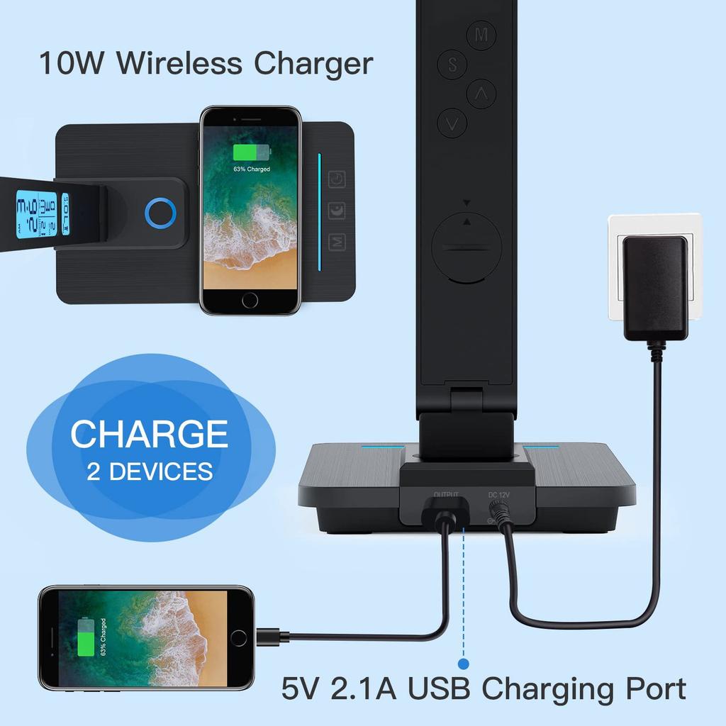 10W Mobile Phone Wireless Charging Desk Lamp Dimmable with Display Perpetual Calendar Alarm Clock Night Light Eye Protection