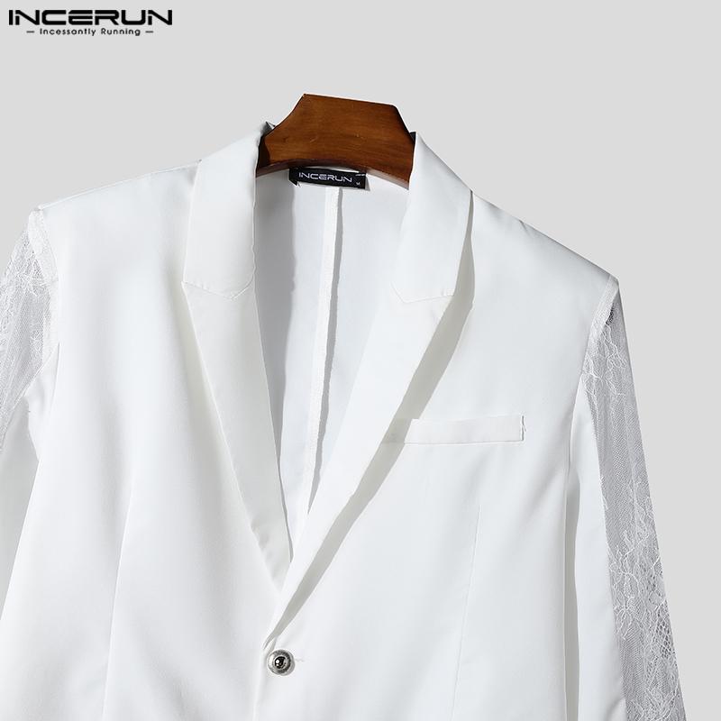 INCERUN Men Lapel Long Sleeve Lace Crochet Patchwork Party Blazer Coats