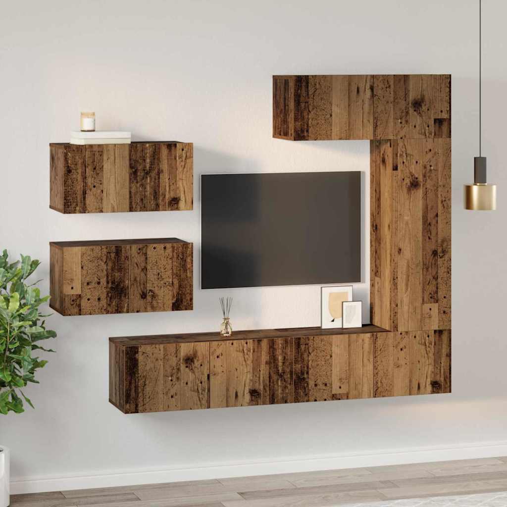 Wall Mounted TV Cabinet Set 6 pcs Reclaimed Wood Effect Particleboard