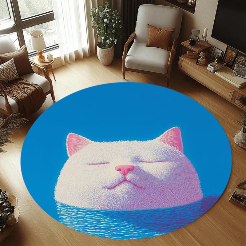 

Modern White Cat Round Area Rug Cute Sleeping Cat Print Kawaii Soft Non Slip Floor Mat for Living Room Bedroom Home Decor Gift 80cm x 80cm
