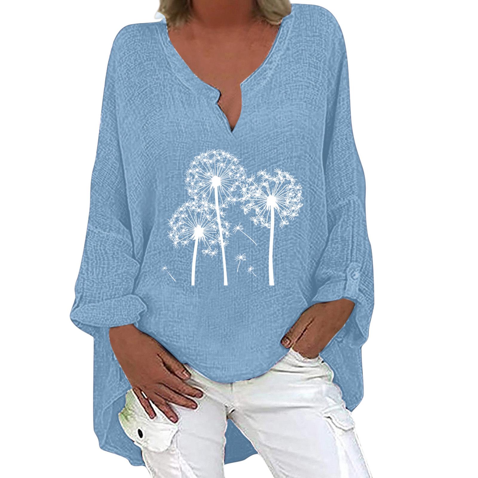 

Women s Autumn Winter Dandelion Print V-Neck Cotton Linen Long Sleeve Shirt L