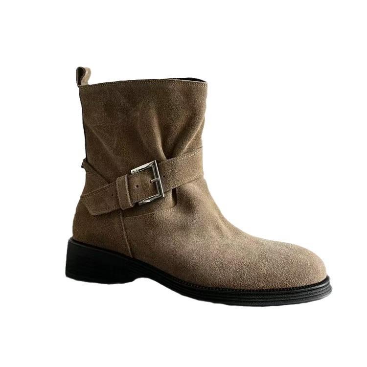 Korean Version of Maillard Leather Matte Round Head Thick Heel Wide Tube Belt Buckle Martin Boots Women's Autumn and Winter Cowboy Boots Short Boots