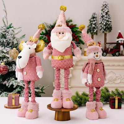 Christmas Plush Doll Telescopic Leg Elk Snowman Santa Claus Pink Doll Toy Desktop Figurine for Indoor/Outdoor Use Party Decor