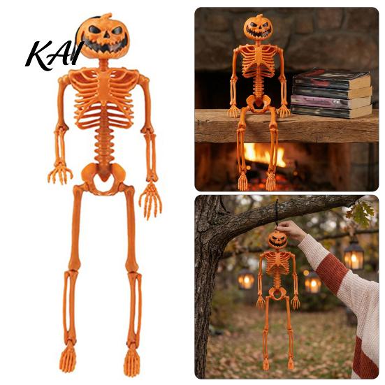 Hard Plastic Skeleton 40cm Pumpkin Head for Halloween Decoration, Movable Joint Flexible Jointed Figure Skull Figurine with Hanging Lanyard,