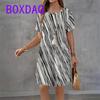 Vintage Black White Striped Print Women A-Line Dress Casual Short Sleeve O-Neck Loose Mini Dress Summer Ladies Flower Dress