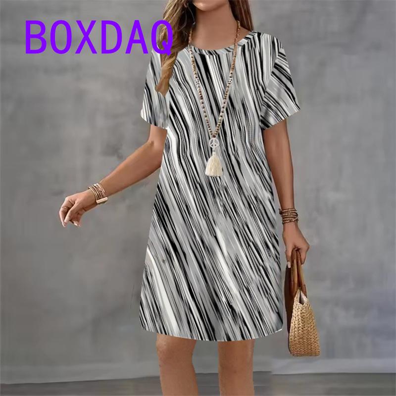 Vintage Black White Striped Print Women A-Line Dress Casual Short Sleeve O-Neck Loose Mini Dress Summer Ladies Flower Dress