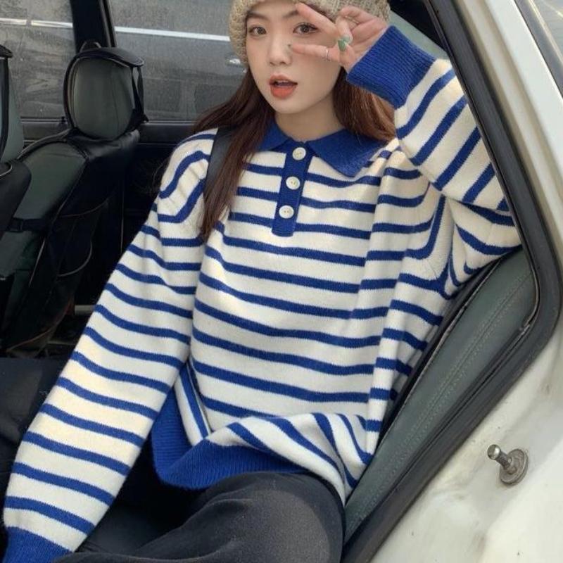

Осенний вязаный пуловер с воротником-поло, полосатый свитер, женский топ, студенческая одежда, корейский свободный пуловер с длинными рукавами для колледжа, свитер