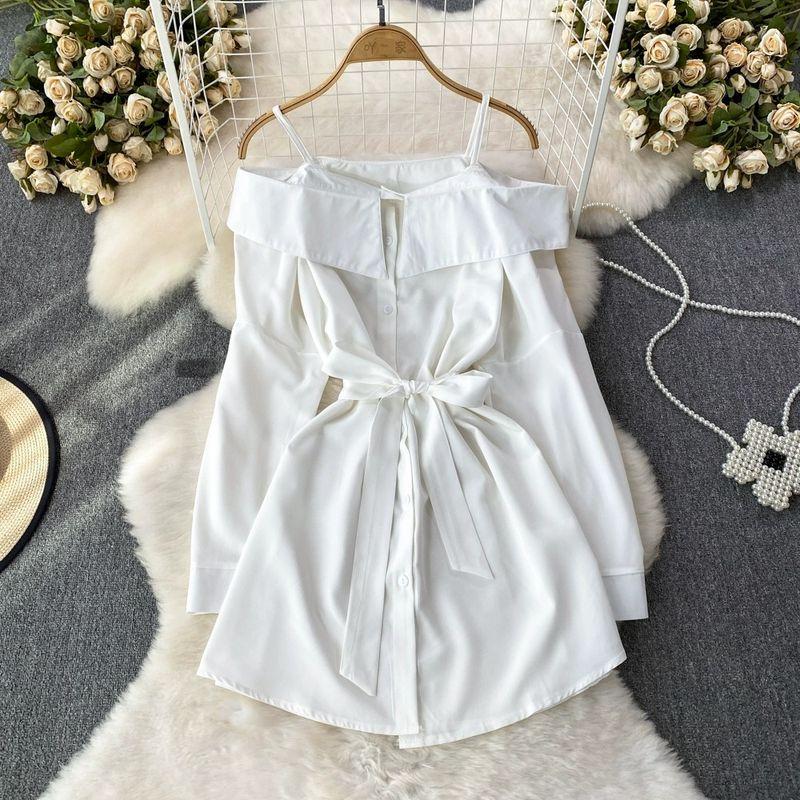 

Стильное платье А-силуэта с длинными рукавами и однобортной застежкой, топ-труба White XL