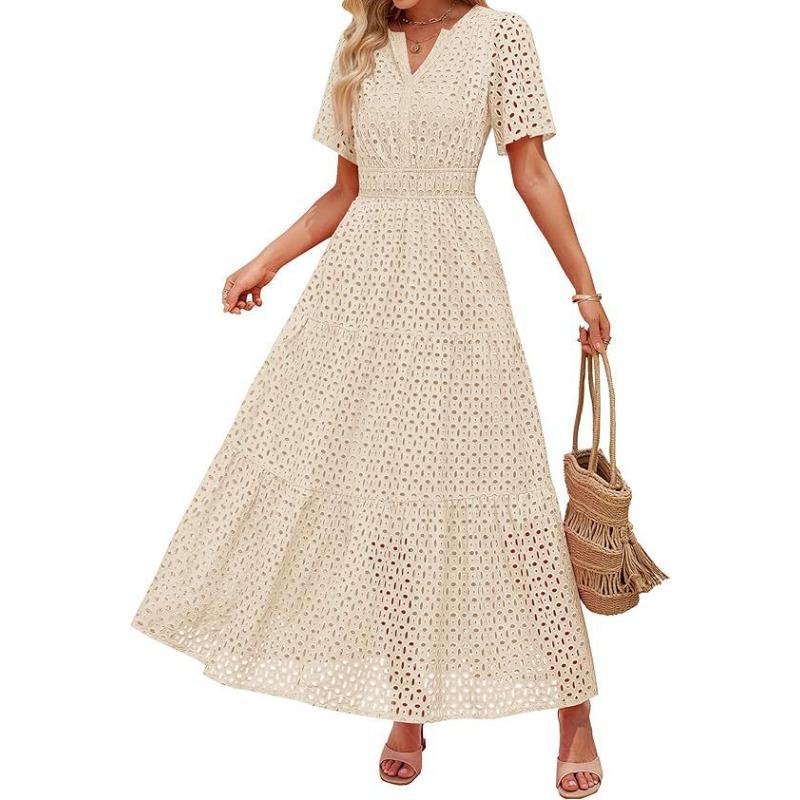 European and American women s clothing V-neck A-shaped hollow lace cake dress S