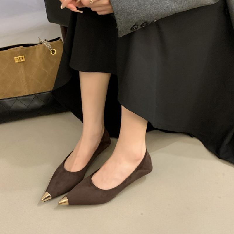 2025 new French pointed metal head high heels women's suede thick heels slim temperament single shoes