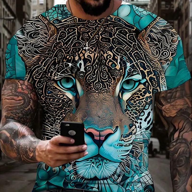 Men's Crew Neck Print Fierce Animal Pattern Oversized Men's Shirt Y2K Style Fashion Breathable Refreshing Short Sleeve