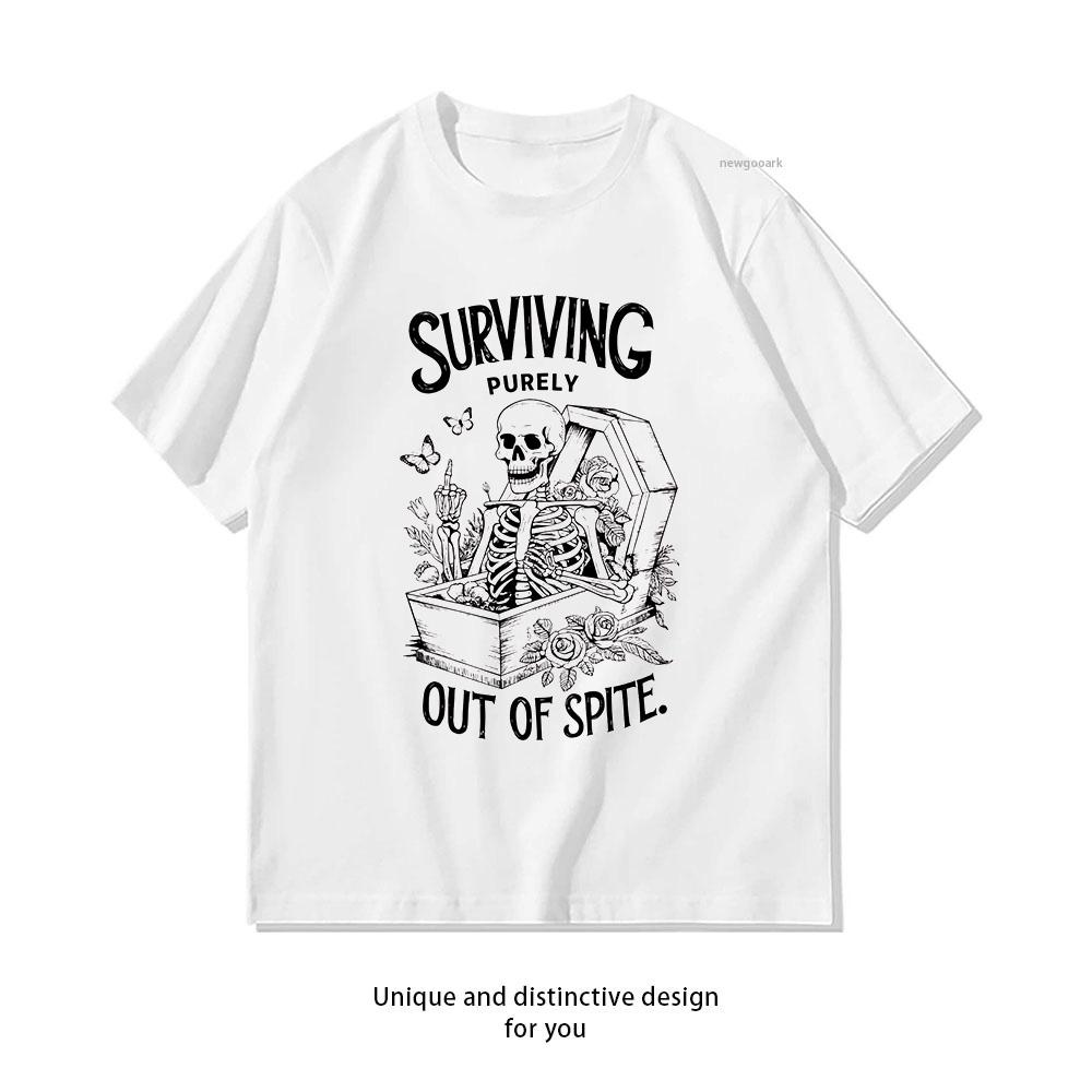 Surviving Purely Out Of Spite Funny Goth Celestial Skeleton and Bats Shirt Woman Man Summer Cotton Graphic T Shirts Adult S