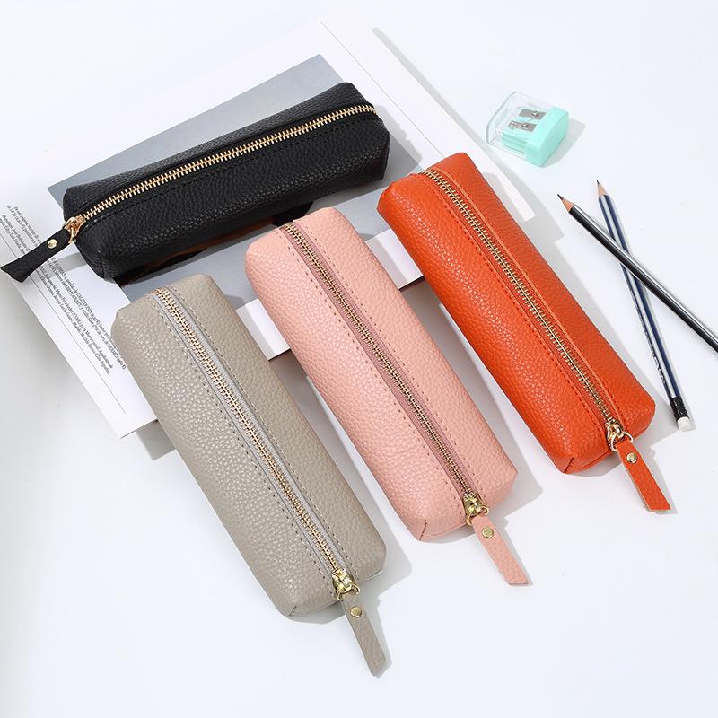 Reißverschluss-Federmäppchen aus PU-Leder mit Litschi-Korn, Multifunktionale Aufbewahrungstasche für Schreibwaren & Make-up für Jungen & Mädchen