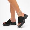 Summer Open Toe Cozy Wedges Slippers For Women Black Stretch Fabric Casual Platform Sandals Low Heels Shoes Mules Slides