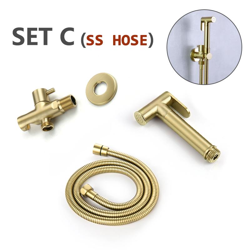 Bidet Sprayer Brushed Gold Bathroom Clean Toilet 2 Functions Water Flow Brass Body Stainless Steel/PVC Hose