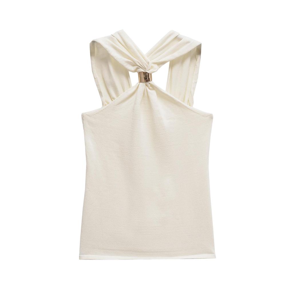 European & American Women's Fashion 2025: Versatile Gold-Tone Embellished Halter Neck Knitted Top