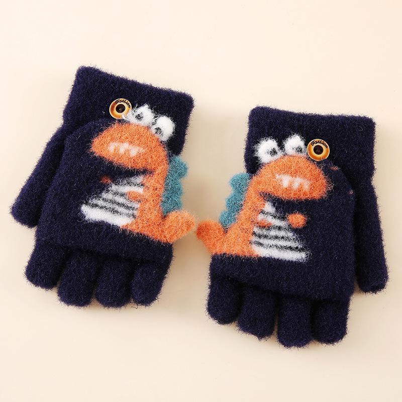 Dětské roztomilé kreslené dinosauří palčáky s odklápěcí horní částí: Hřejivé vlněné rukavice bez prstů na zimu