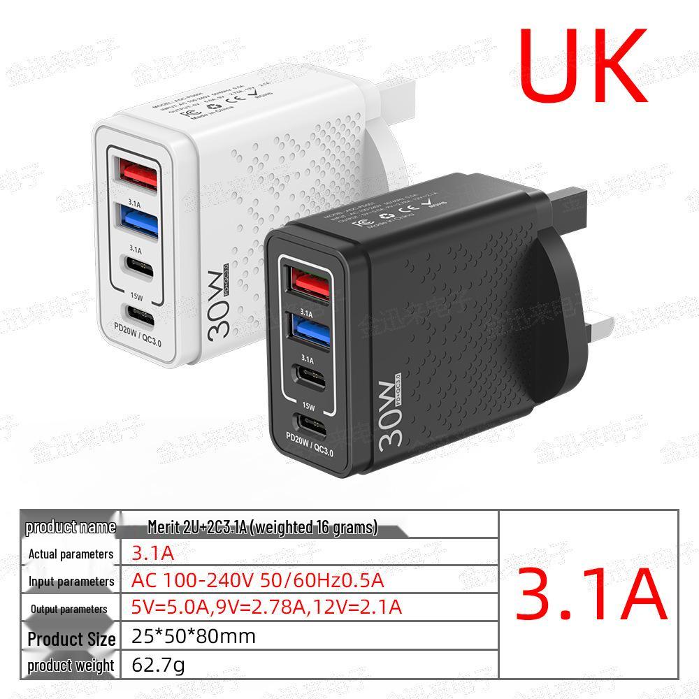 30W Multi-Port Phone Charger with QC3.0 Fast Charging, EU/US/UK Standard