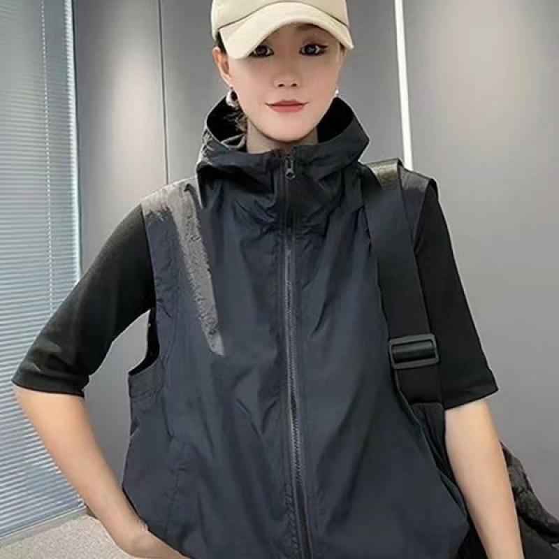 Damen Sommer Lose Dünnschliff Kapuzenweste Outdoor Sports Einfarbig Kurzer Abschnitt Sonnenhemd