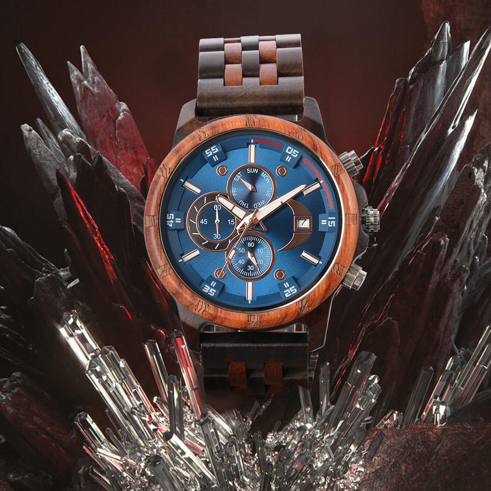 Men's Quartz Wooden Watch with Luminous Multifunctional Large Dial