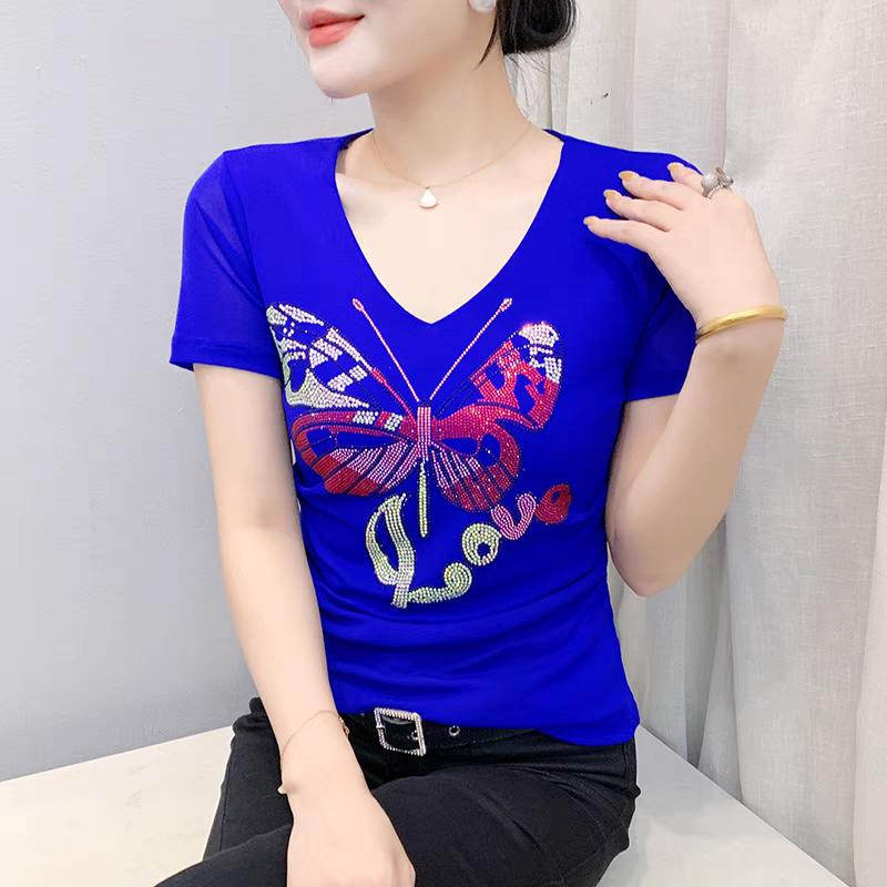 

Нова Мода Європейський Жіночий Одяг Футболка Блискучий Метелик Гарячі Діаманти Розкішні Топи Літо V-подібний Виріз Короткий Рукав Жіноча Сексуальна Футболка 3XL