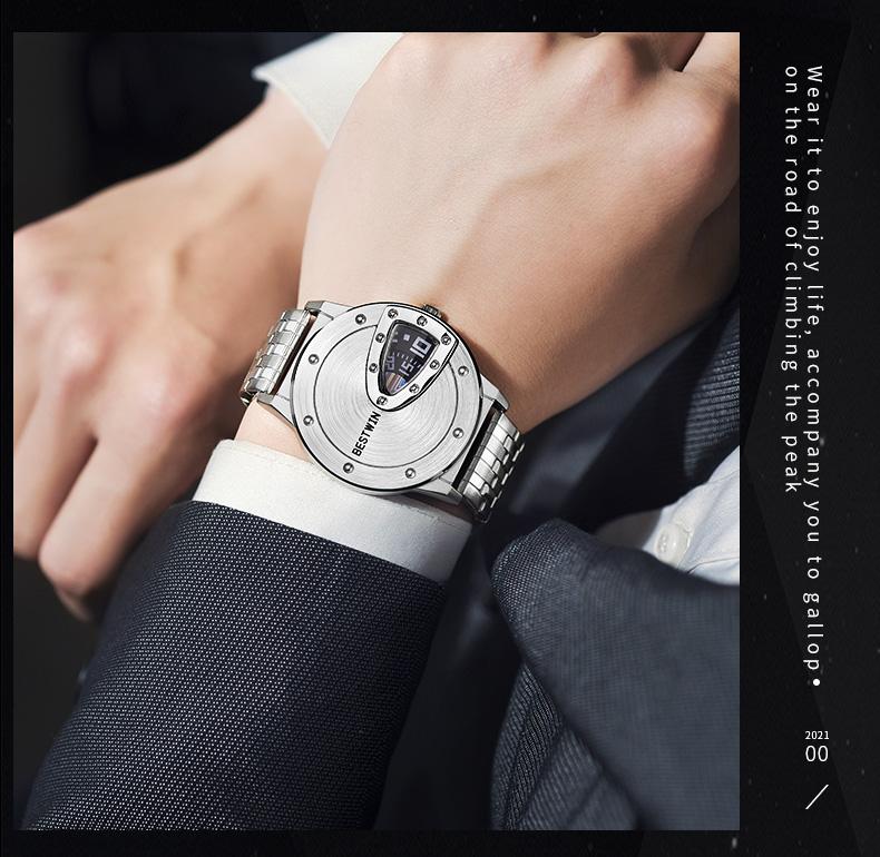 BestWin Men Watches Sports Creative Design Dial Stainless Steel Band Waterproof High Quality Quartz Male Watch Reloj Hombre Gold