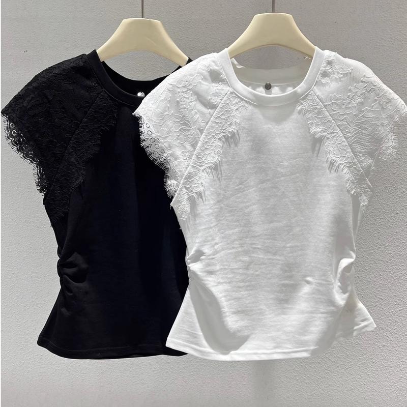 La Chapelle French Chic Round Neck Lace Patchwork Puff Sleeve Top 4XL