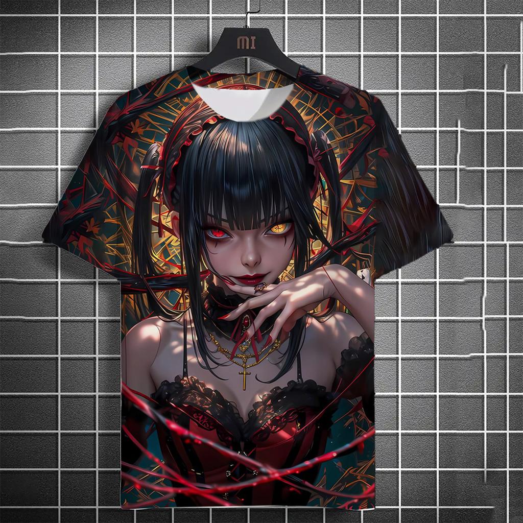 Men's 3D Beautiful Girl Bloodstained T-shirt 3D Cool Pattern Summer Fashion Round Neck Loose Breathable Short Sleeve Top
