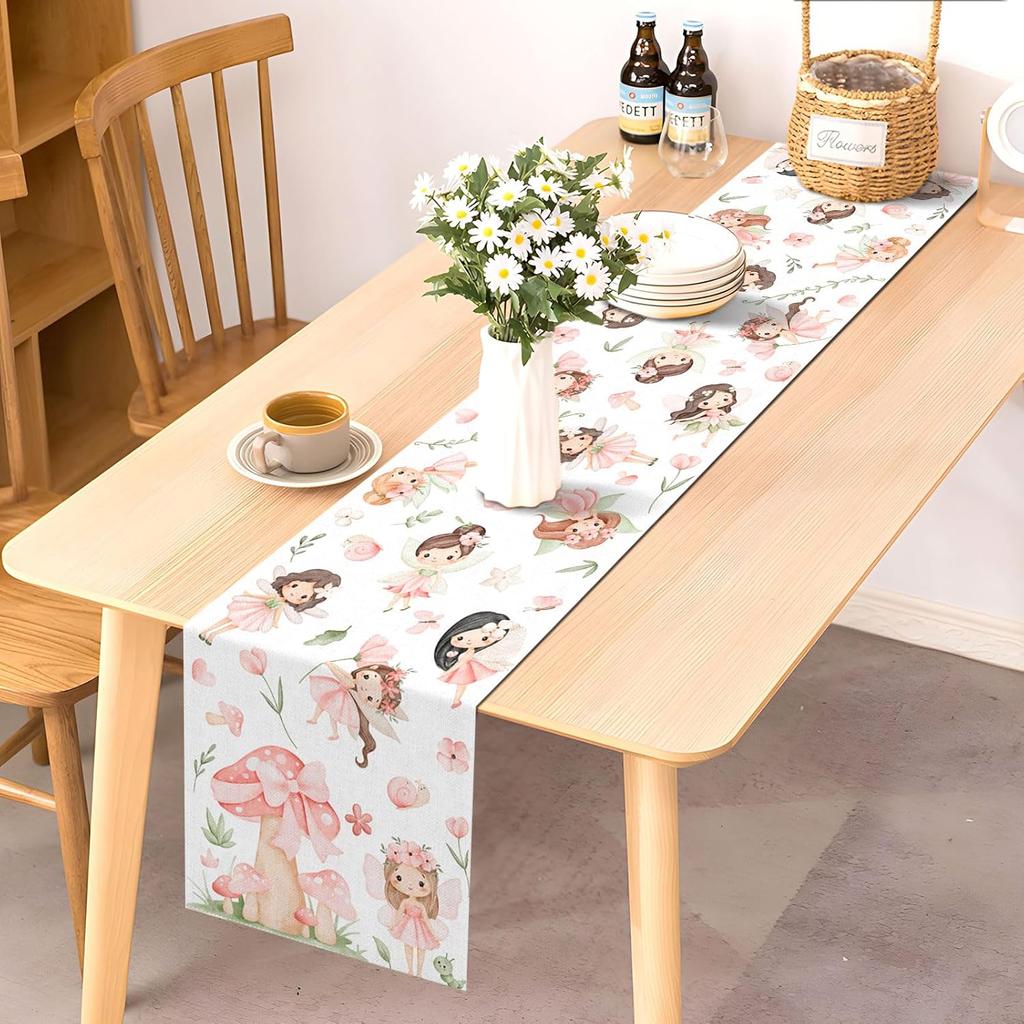 Pudodo Fairy Table Runner Enchanted Theme Girls Birthday Party Decoration Elf Mushroom Kitchen Dining Room Home Decor