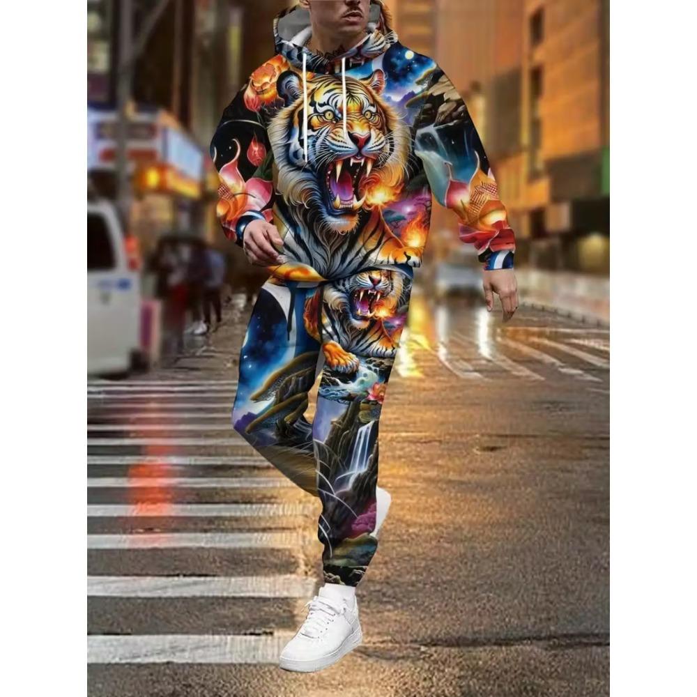 Cool Dragon 3D Print Men's Hoodie Pants 2-Piece Outfits Autumn/Winter Men's Hooded Sweatshirt Sets Jogging Pants 2Pcs Sets
