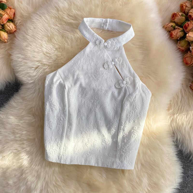 

Женская майка в китайском стиле, винтажный однотонный укороченный топ без рукавов с воротником-стойкой без лямки на груди, без рукавов Y2k L белый